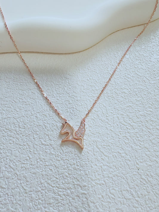 Rose Gold Pegasus Necklace – Dainty Mythical Horse Pendant with Crystal Wings