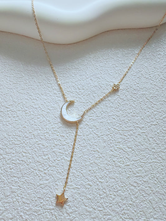 Celestial Moon & Star Lariat Necklace – Elegant Gold Y-Shaped Jewelry