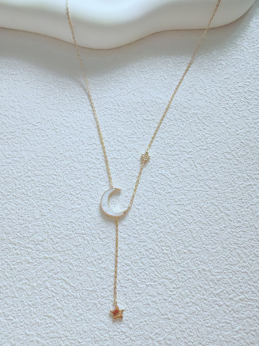 Celestial Moon & Star Lariat Necklace – Elegant Gold Y-Shaped Jewelry