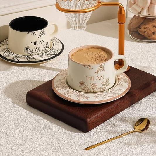 Ceramic Coffee Cup and Saucer Set, High-Quality Reusable Cappuccino Afternoon Tea Milk Drip Mug for Girls